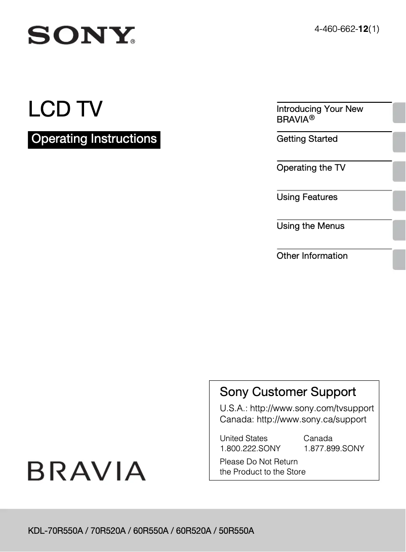 Image de la première page du manuel de l'appareil Bravia KDL-50R550A
