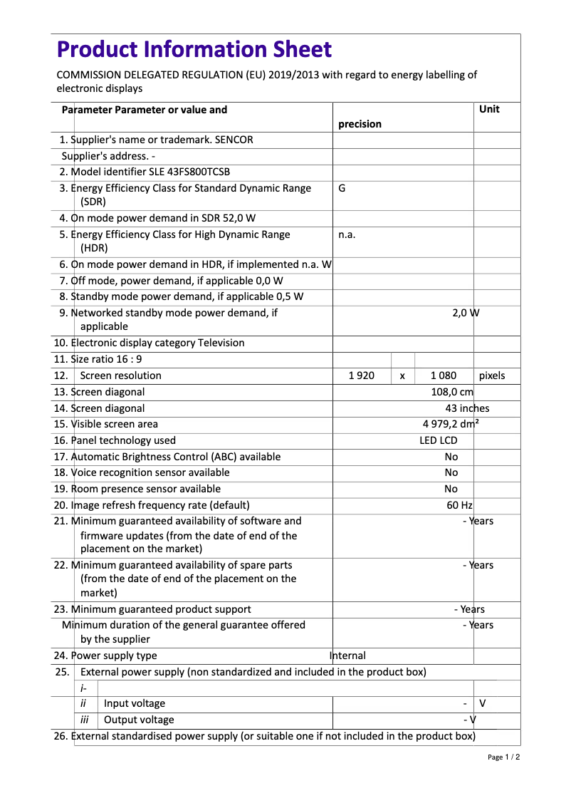 Page n°1 - Fiche technique Sencor SLE 43FS800TCSB