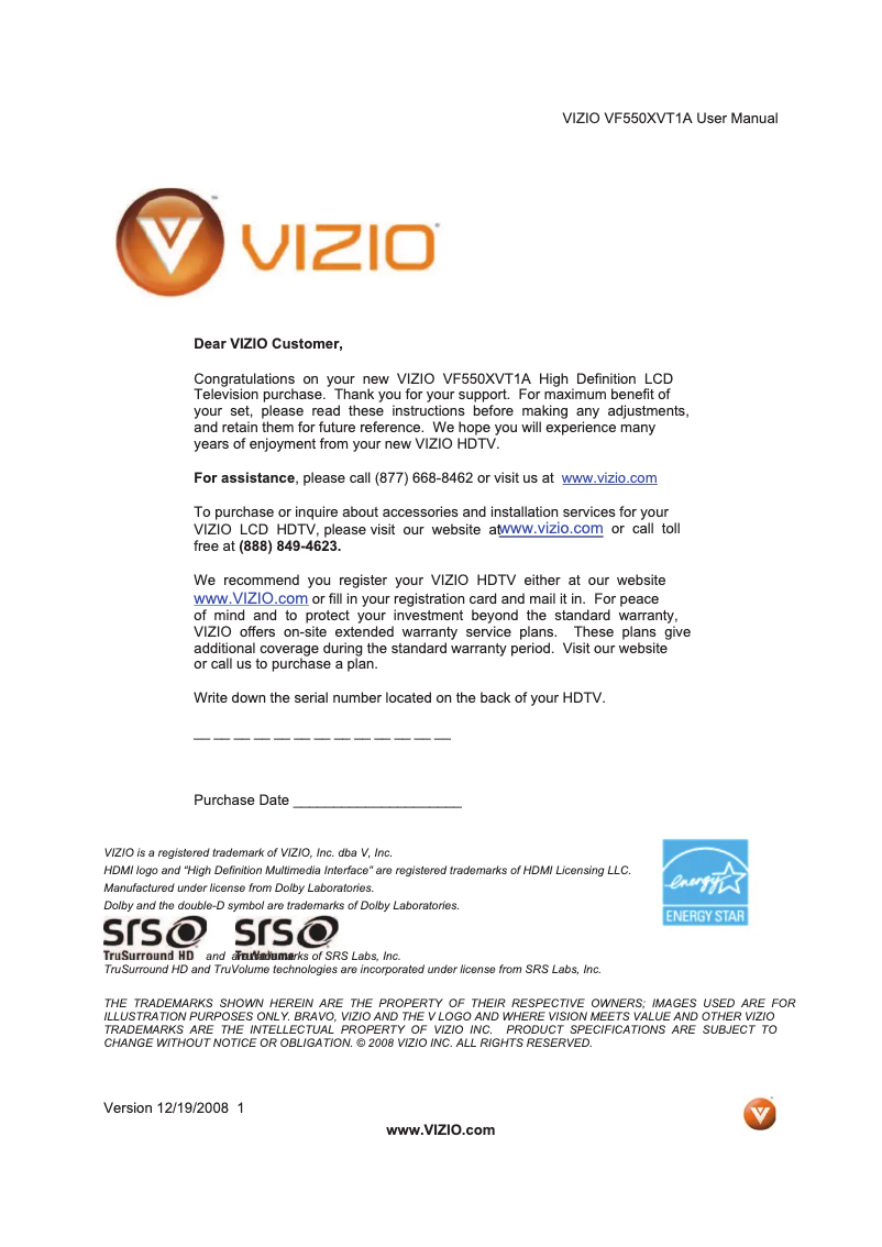 Page 1 de la notice Manuel utilisateur VIZIO VF550XVT