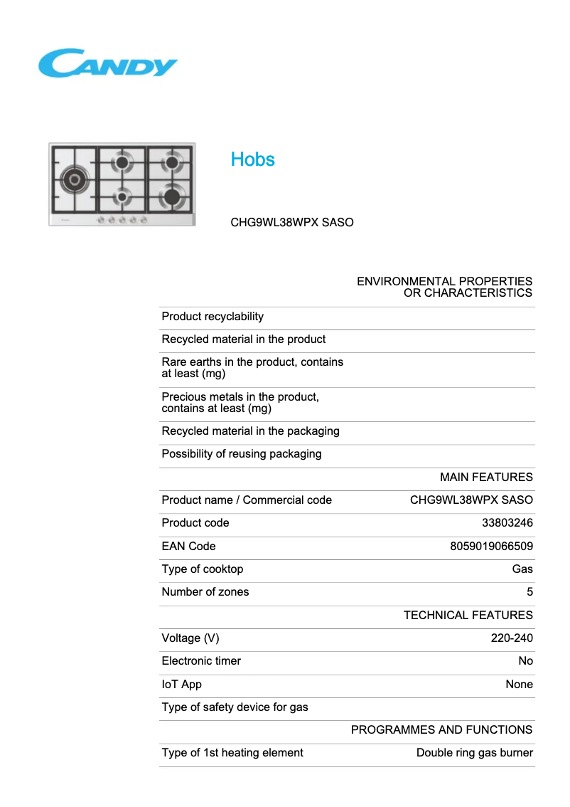 Image de la première page du manuel de l'appareil CHG9WL38WPX SASO