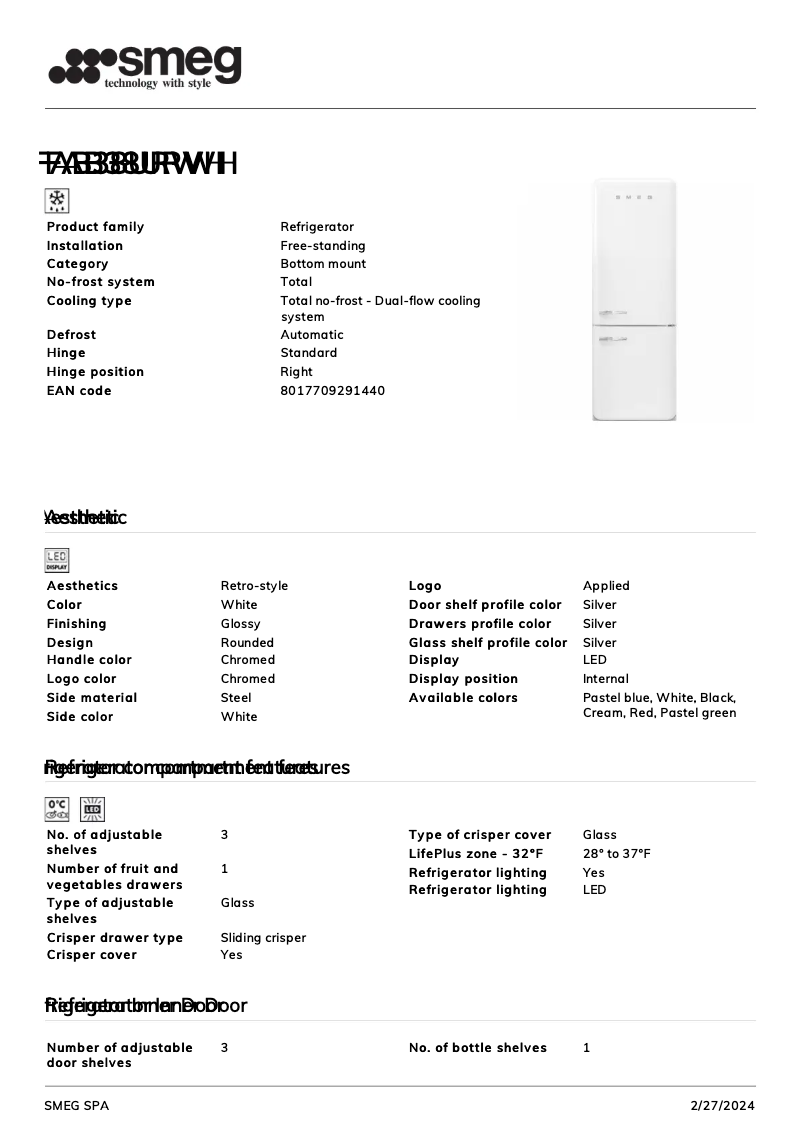 Page 1 de la notice Fiche technique Smeg FAB38URWH
