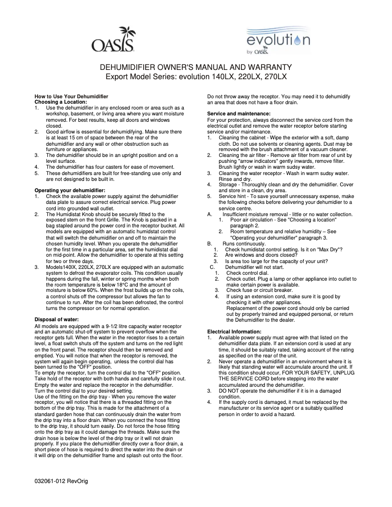 Page 1 de la notice Manuel utilisateur Oasis D270LXA