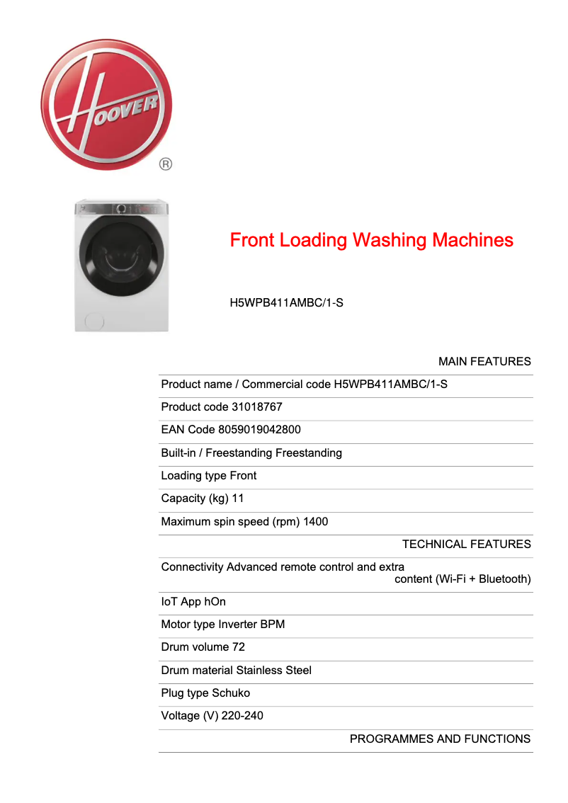 Page 1 de la notice Fiche technique Hoover H5WPB411AMBC/1-S