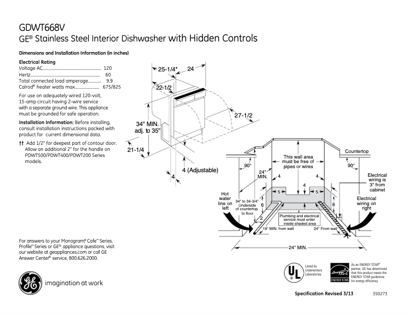 Page 1 de la notice Fiche technique GE GDWT608VBB