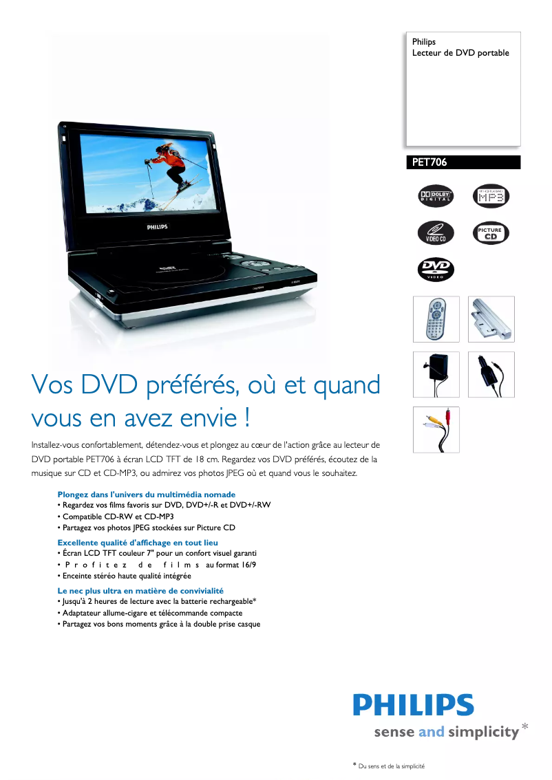 Page 1 de la notice Fiche technique Philips PET706