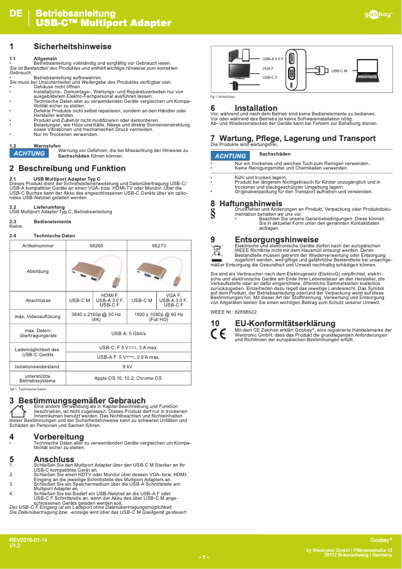 Page 1 de la notice Manuel utilisateur Wentronic 66273