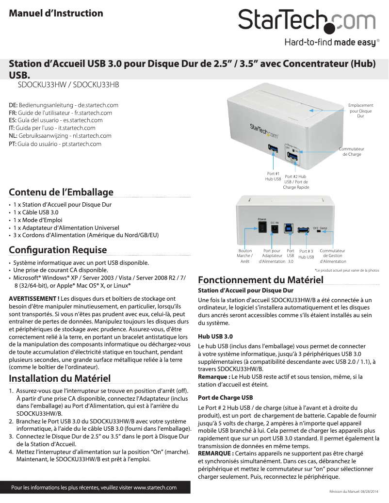 Page 1 de la notice Manuel utilisateur StarTech.com SDOCKU33HW