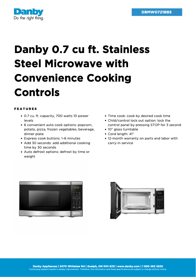 Page 1 de la notice Fiche technique Danby DBMW0721BBS
