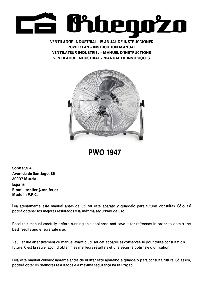 Page 1 de la notice Manuel utilisateur Orbegozo PWO 1947