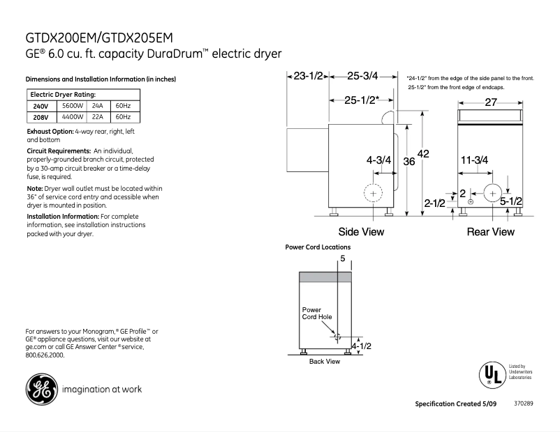 Page n°1 - Fiche technique GE DuraDrum GTDX205EMCC