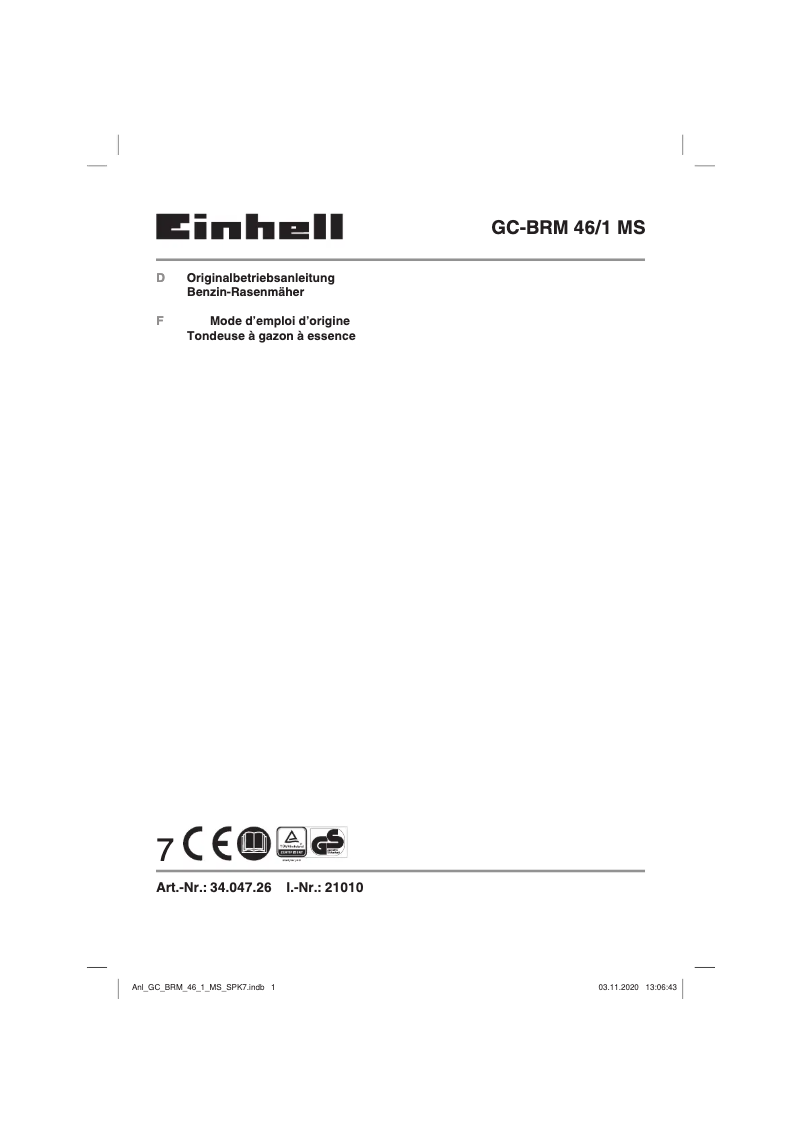 Page 1 de la notice Manuel utilisateur Einhell GC-BRM 46/1 MS