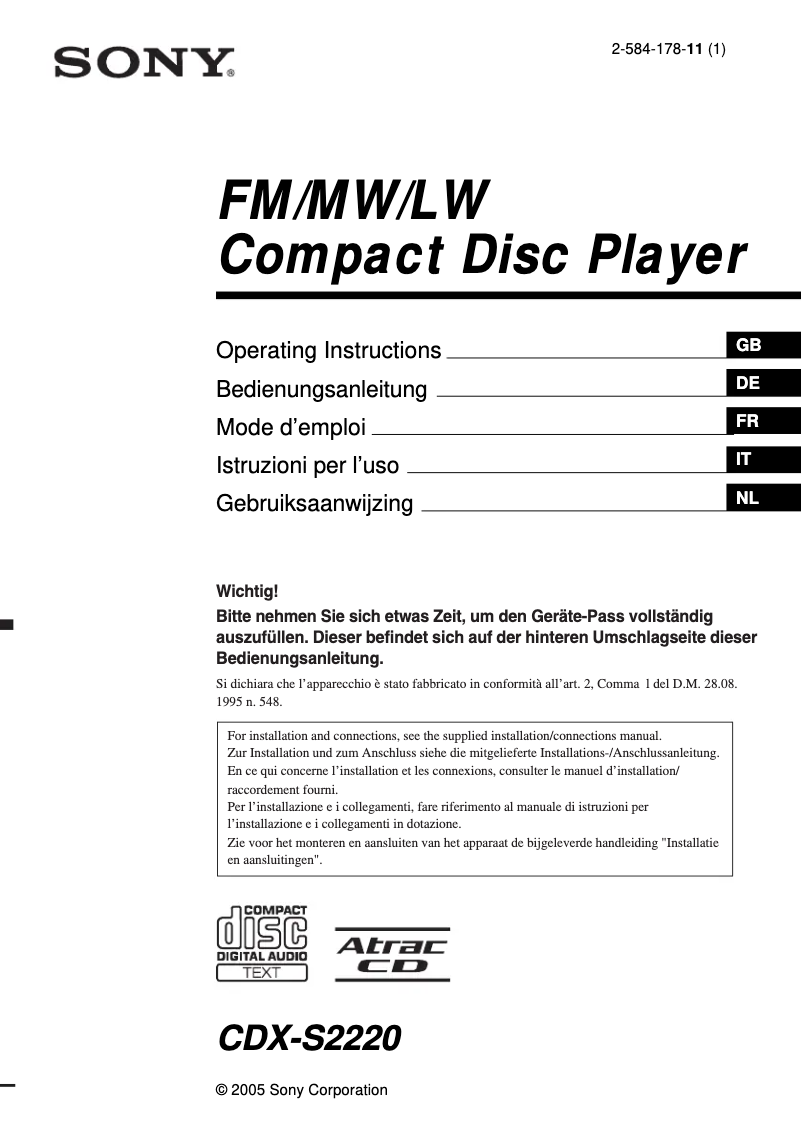 Page 1 de la notice Mode d'emploi Sony CDX-S2220