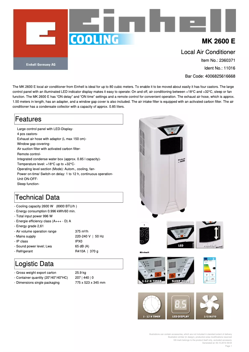 Page 1 de la notice Fiche technique Einhell MK 2600 E