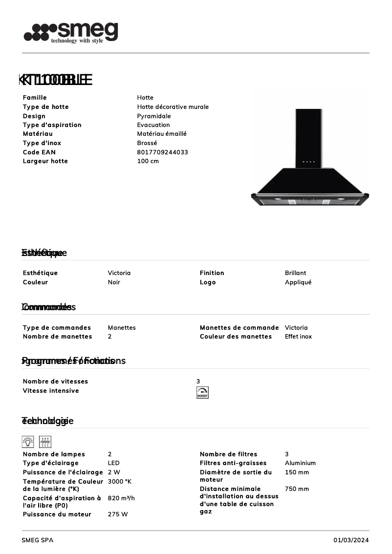 Page 1 de la notice Fiche technique Smeg KT100BLE