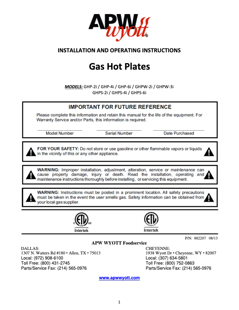 Page n°1 - Manuel utilisateur APW Wyott GHPS-2i