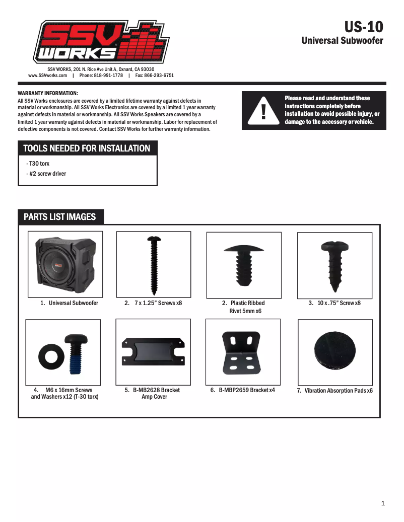 Page 1 de la notice Manuel utilisateur SSV Works US-10