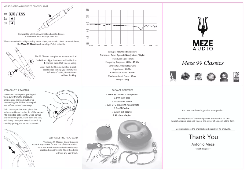 Page 1 de la notice Manuel utilisateur Meze Audio 99 Classics