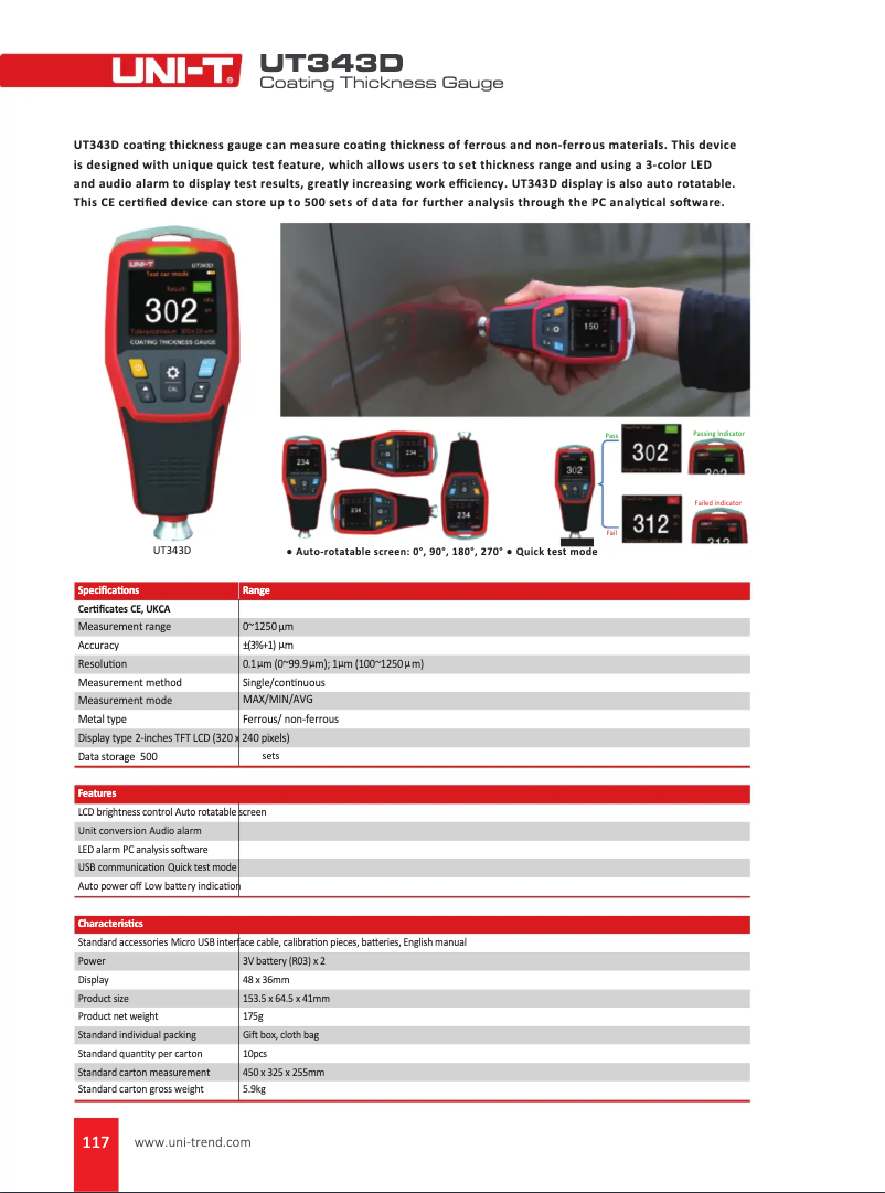 Page 1 de la notice Fiche technique Uni-T UT343D