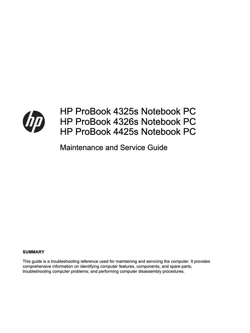 Page 1 de la notice Manuel d'utilisation et d'entretien HP ProBook 4425s
