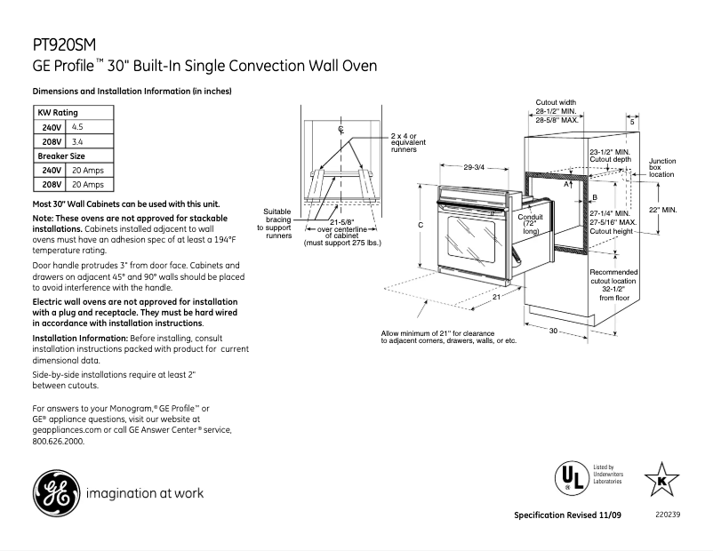 Page 1 of the manual Technical Sheet GE Profile PT920SMSS