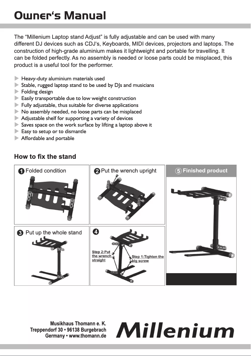Page 1 de la notice Manuel utilisateur Millenium Laptopstand Adjust