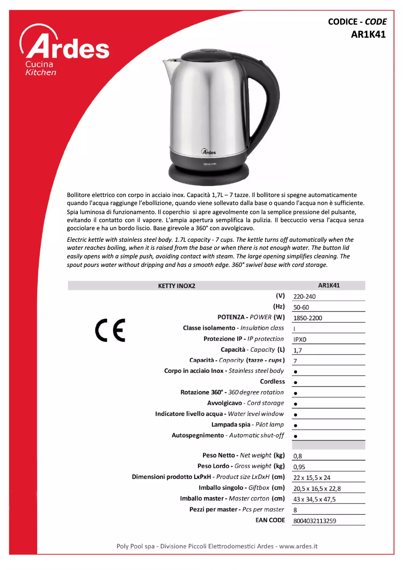 Page n°1 - Fiche technique Ardes AR1K41