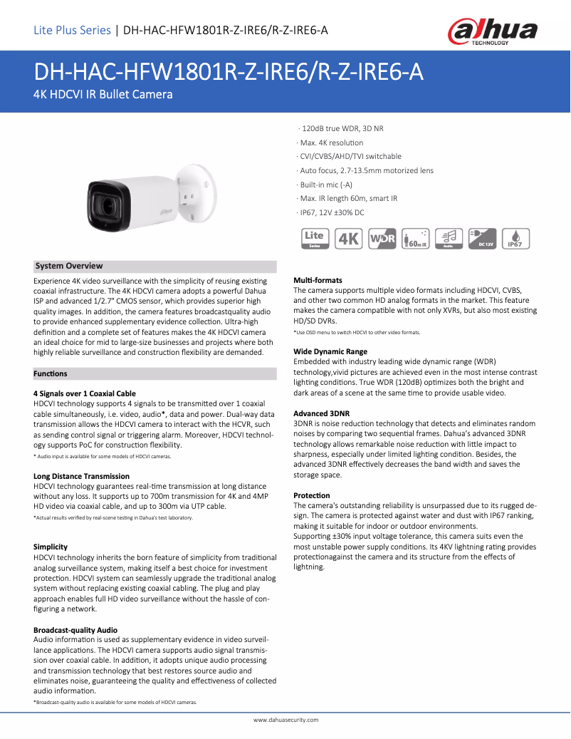 Page 1 de la notice Fiche technique Dahua Technology HAC-HFW1801R-Z-IRE6-A