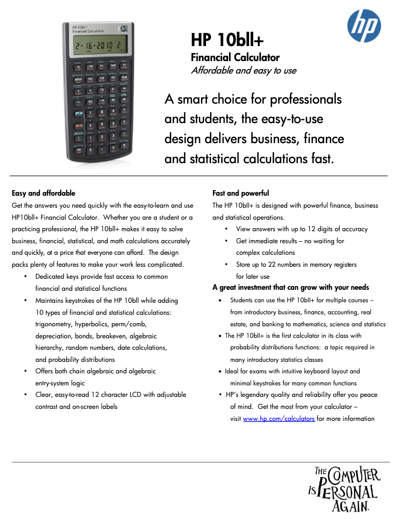 Page 1 de la notice Fiche technique HP 10bII+