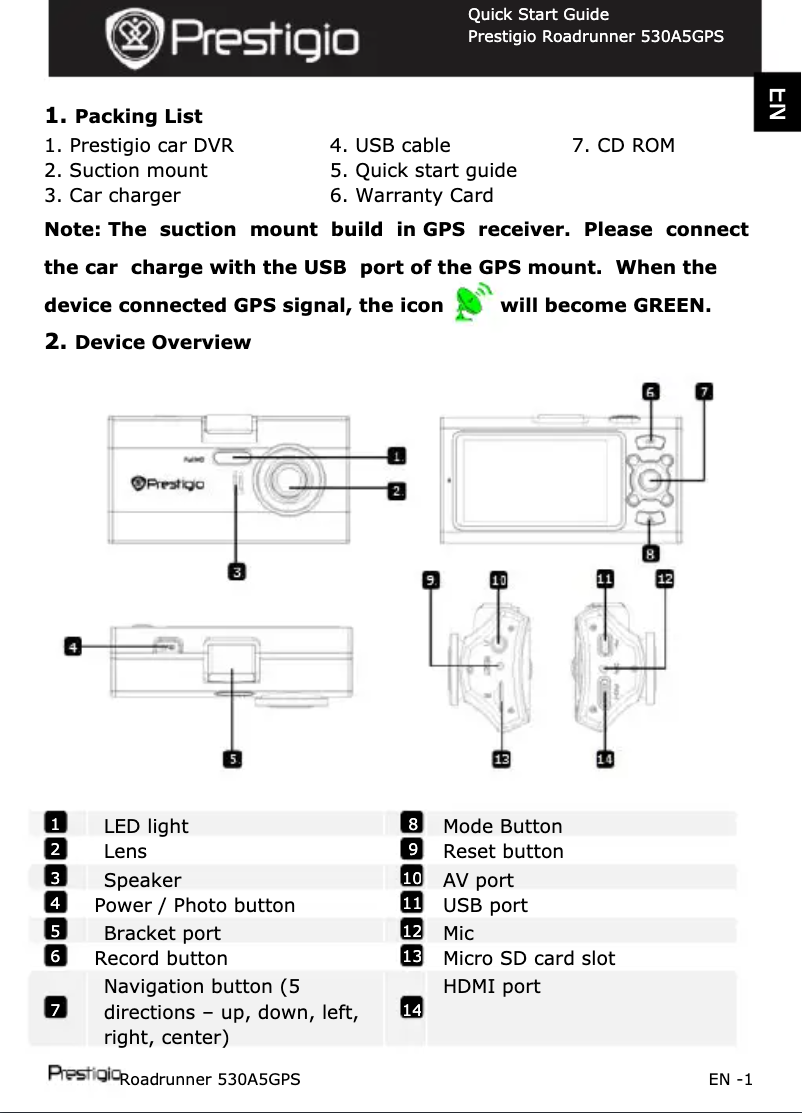Page n°1 - Manuel utilisateur Prestigio RoadRunner 530 A5 GPS