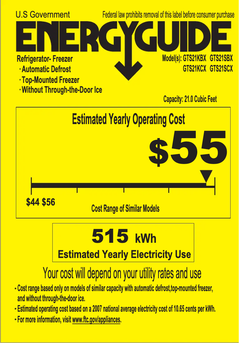 Page 1 de la notice Label énergétique GE GTS21KCXBB
