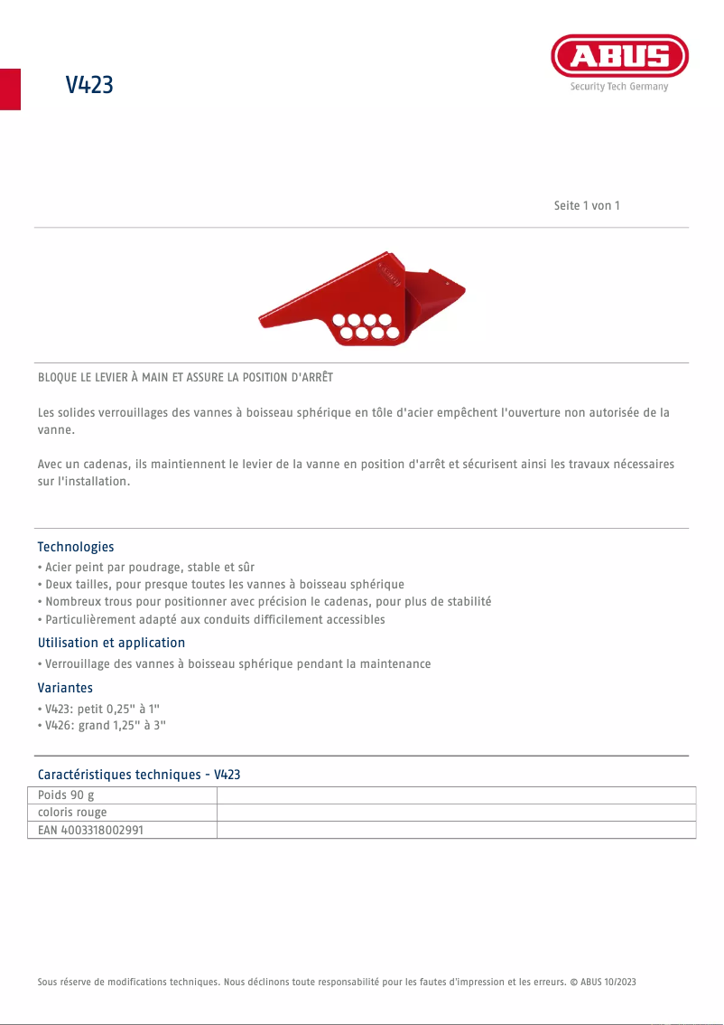 Page n°1 - Fiche technique Abus V426