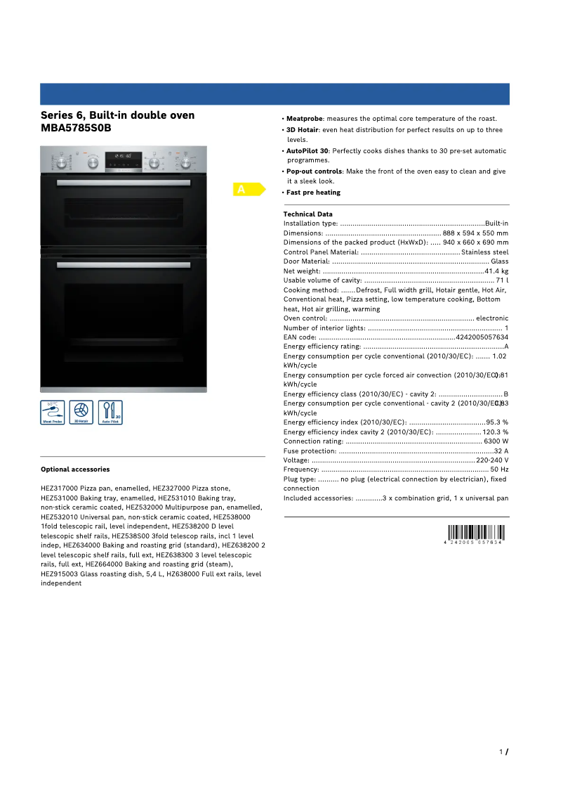 Page 1 de la notice Fiche technique Bosch Serie 6 MBA5785S0B