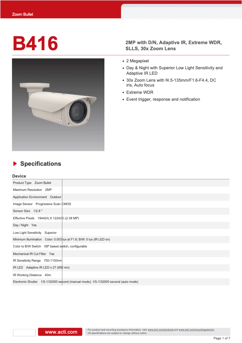 Page 1 de la notice Fiche technique ACTi B416