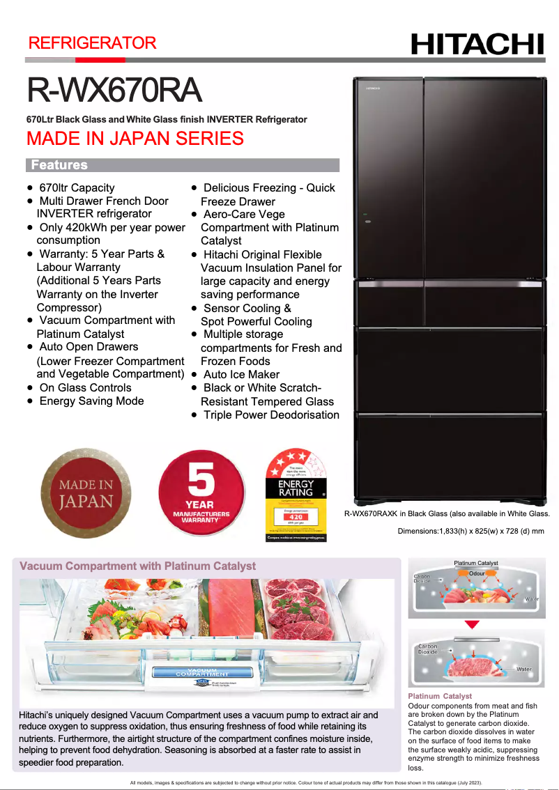 Page 1 de la notice Fiche technique Hitachi R-WX670RA