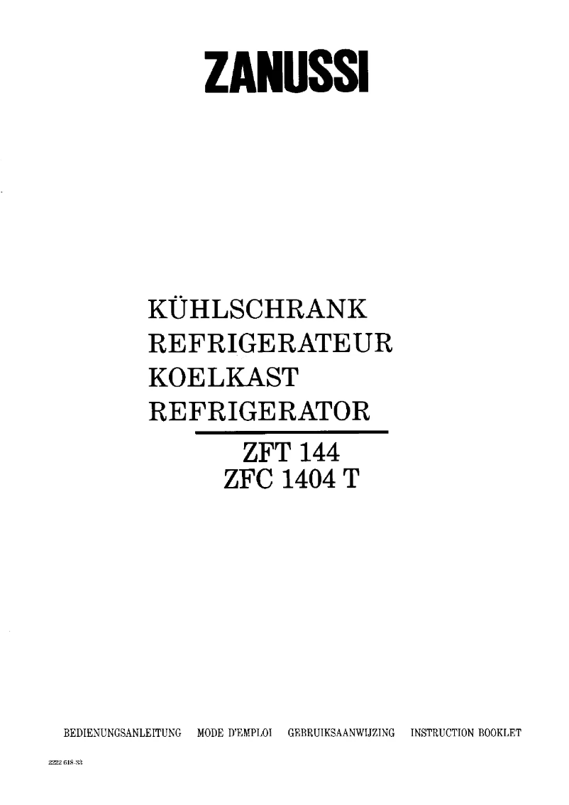 Page 1 de la notice Manuel utilisateur Zanussi ZFT 144