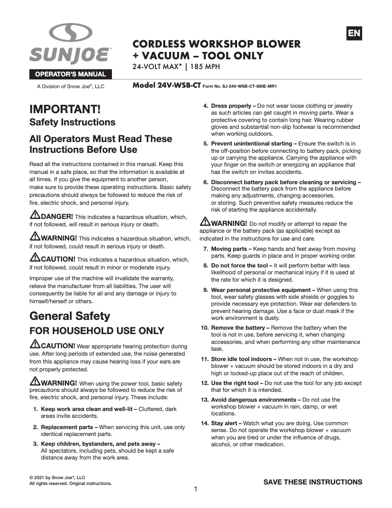 Page n°1 - Manuel utilisateur Sun Joe 24V-WSB-CT