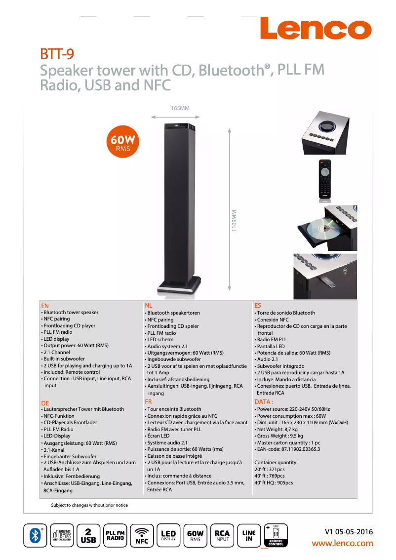 Page 1 de la notice Manuel utilisateur Lenco BTT-9