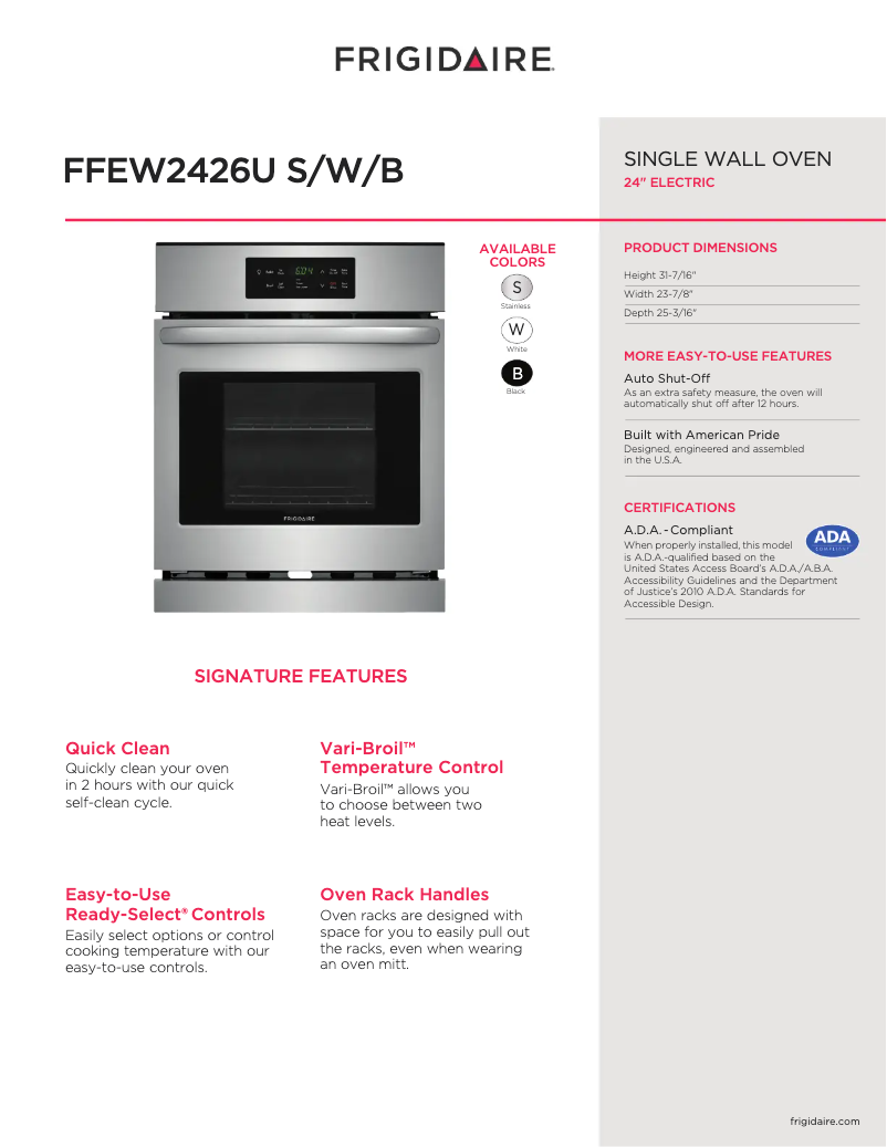 Página 1 del manual Ficha técnica Frigidaire FFEW2426US
