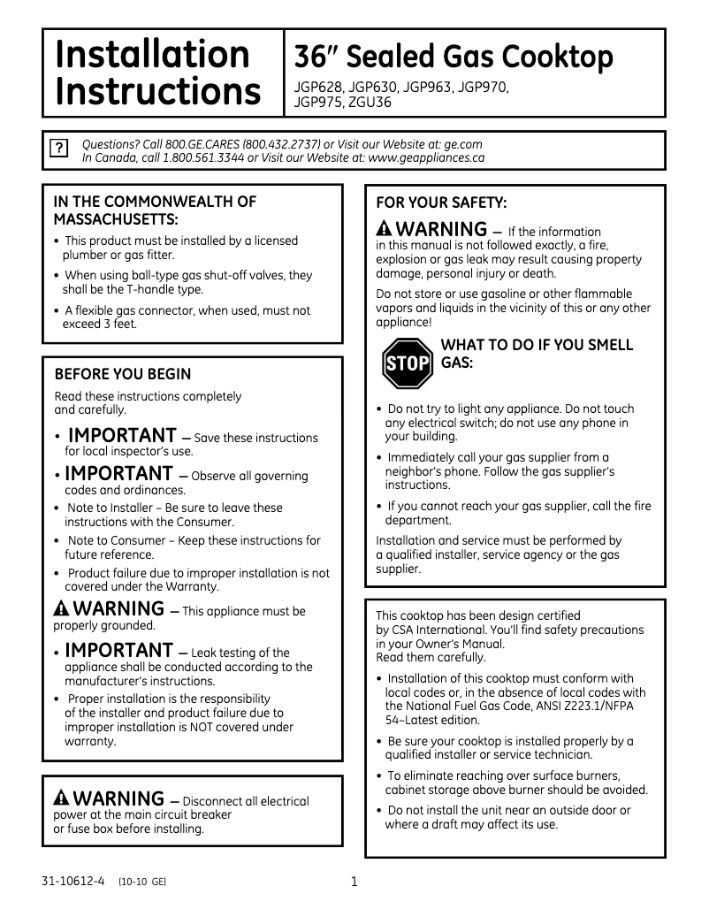Page n°1 - Guide d'installation GE JGP628WEKWW