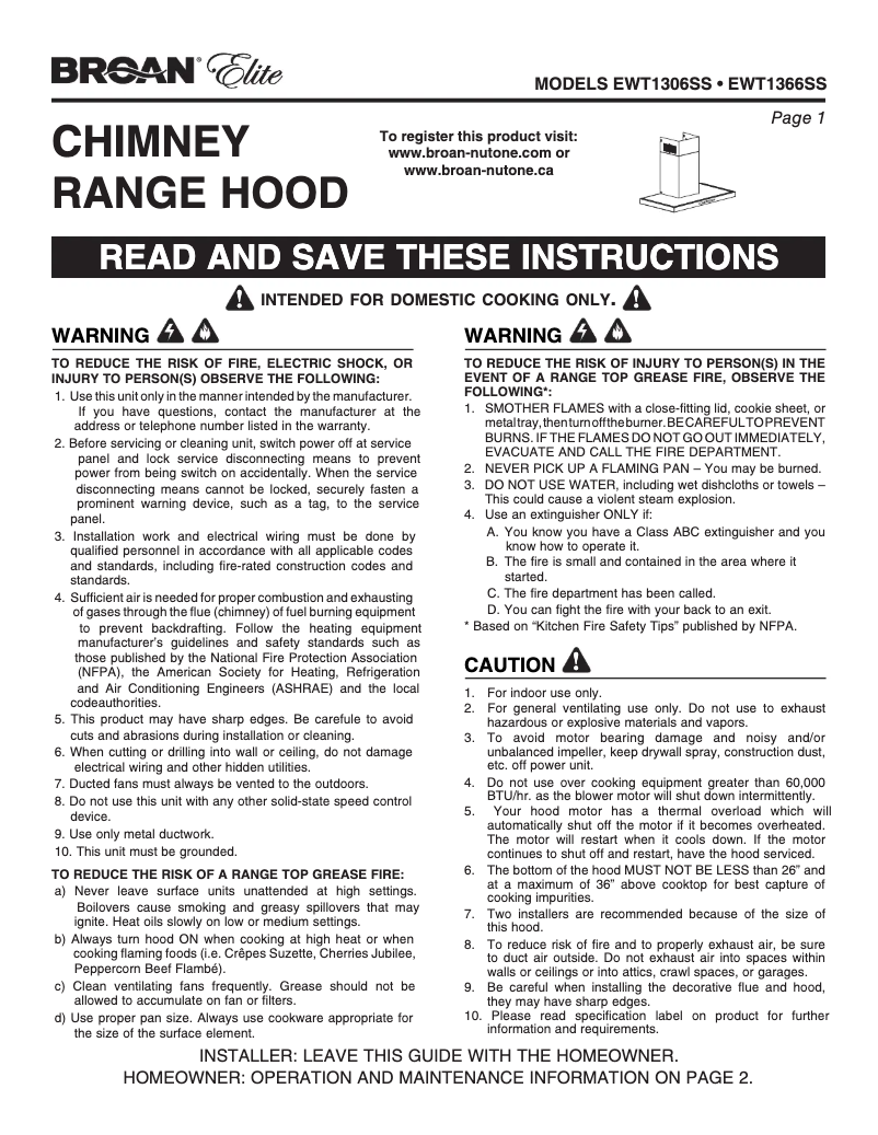 Page n°1 - Guide d'installation Broan EWT1366SS