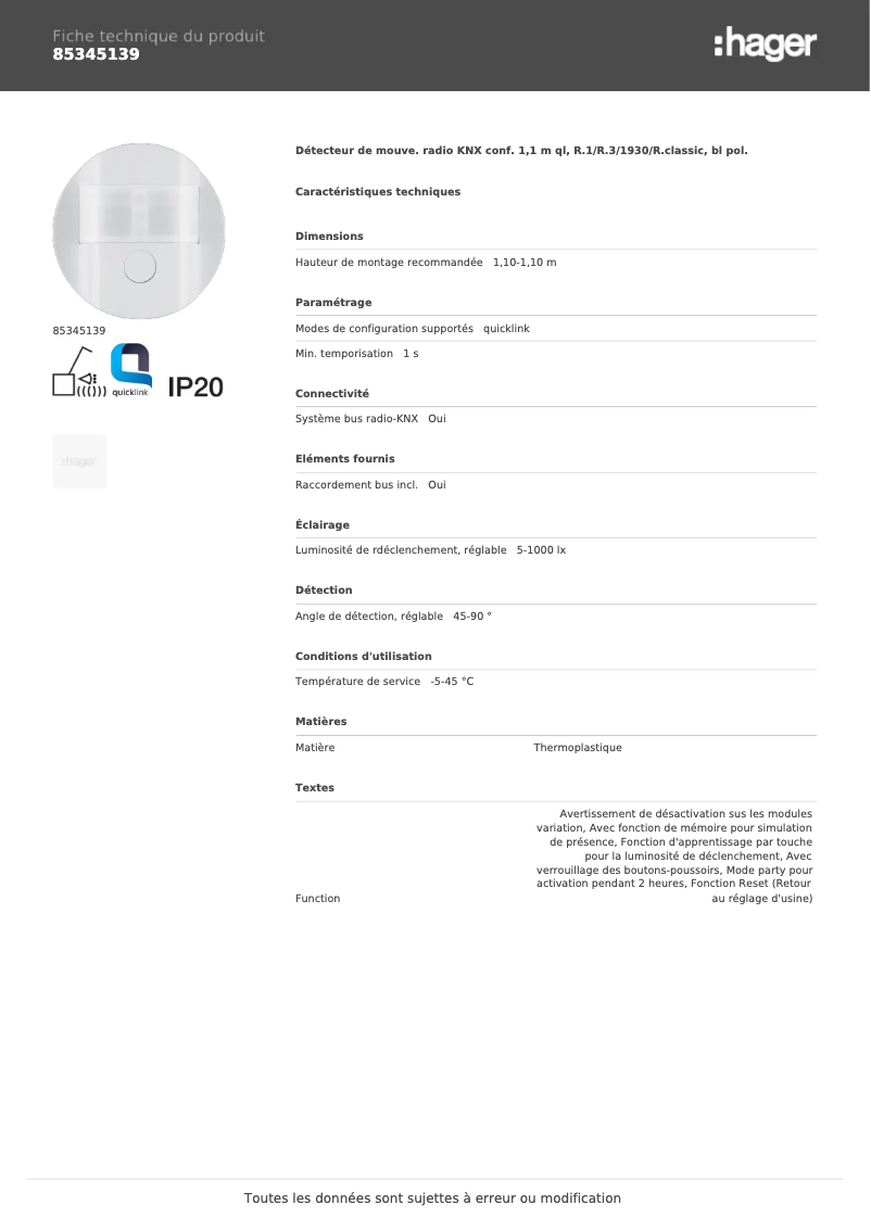 Page n°1 - Fiche technique Hager 85345139