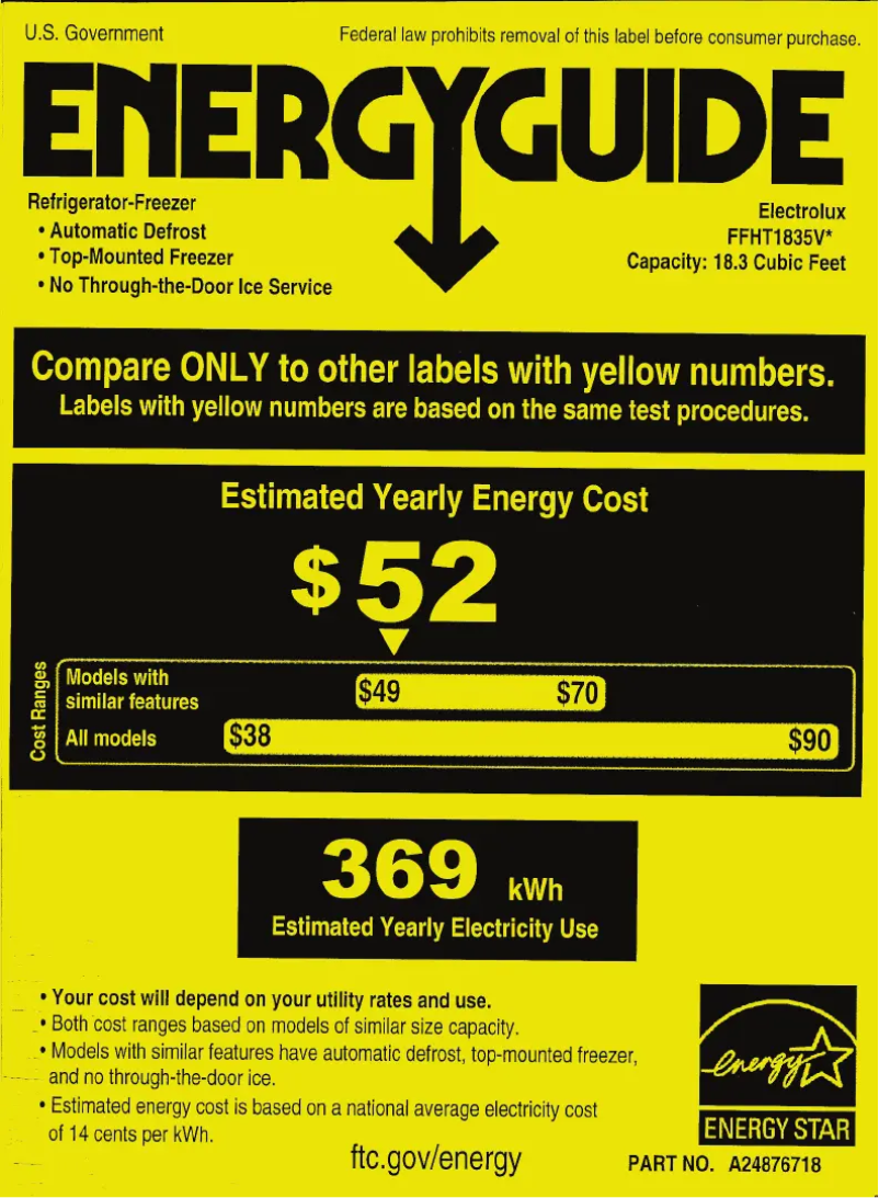 Página 1 del manual Etiqueta energética Frigidaire FFHT1835VS