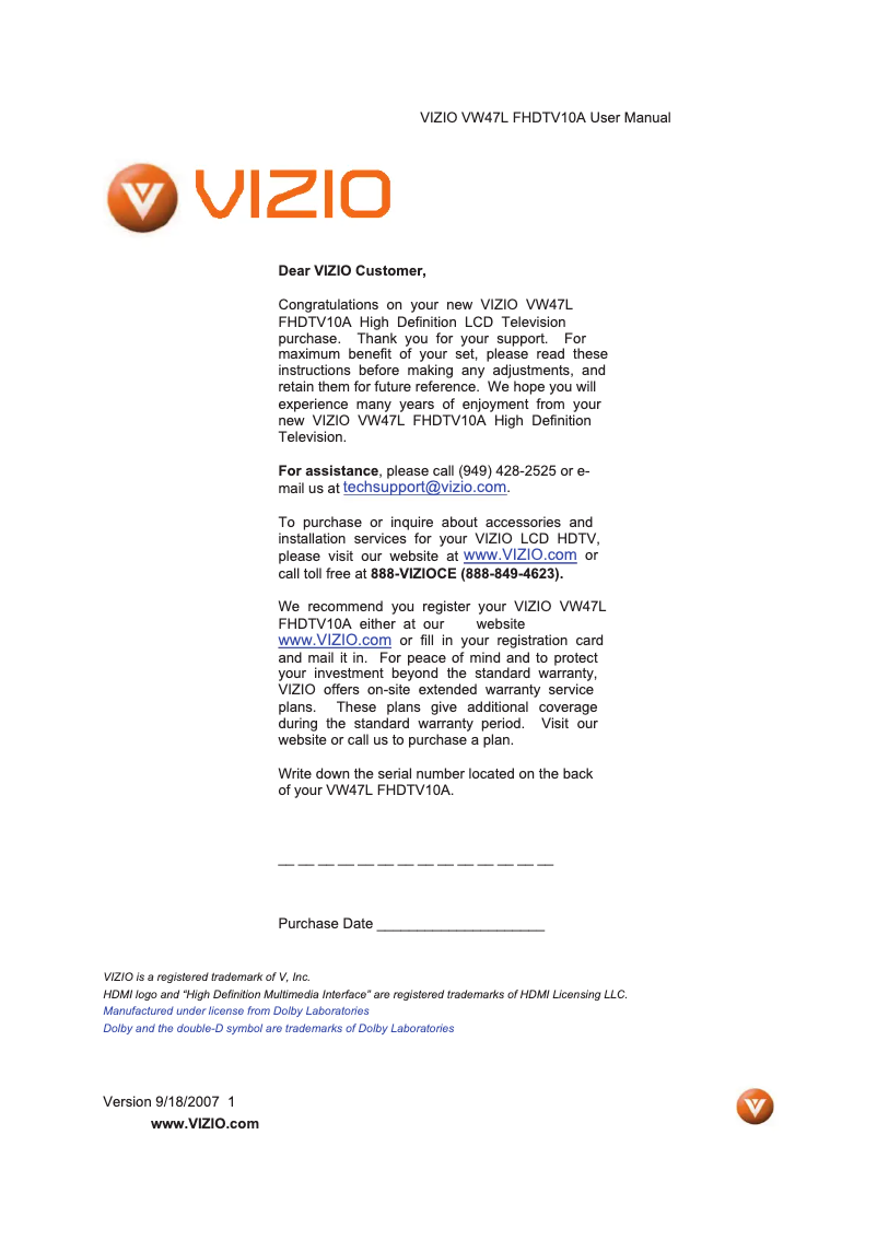 Image de la première page du manuel de l'appareil VW47LFHDTV10A