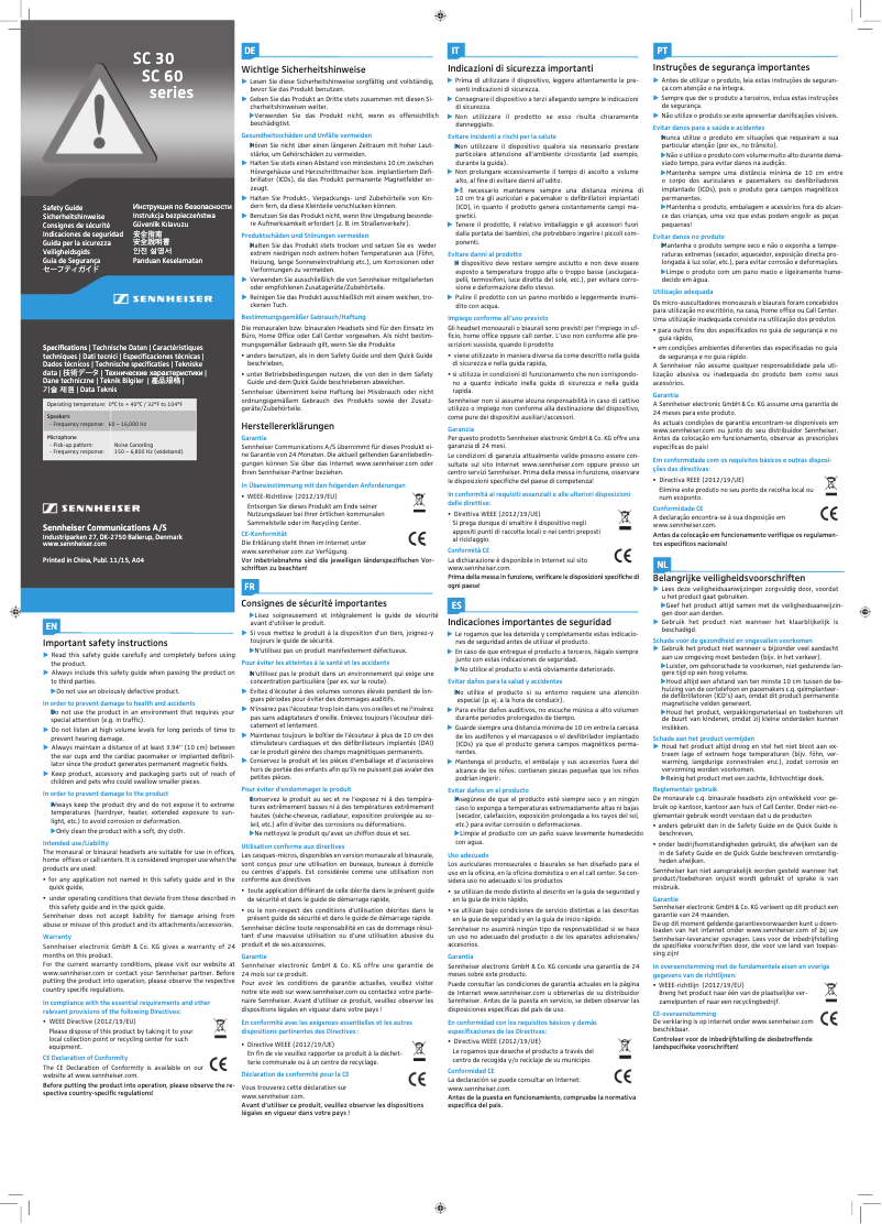 Page n°1 - Instructions de sécurité Sennheiser SC 60 USB CTRL