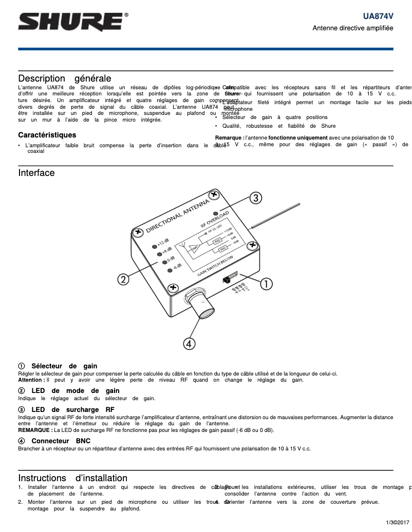 Page 1 de la notice Manuel utilisateur Shure UA874Z