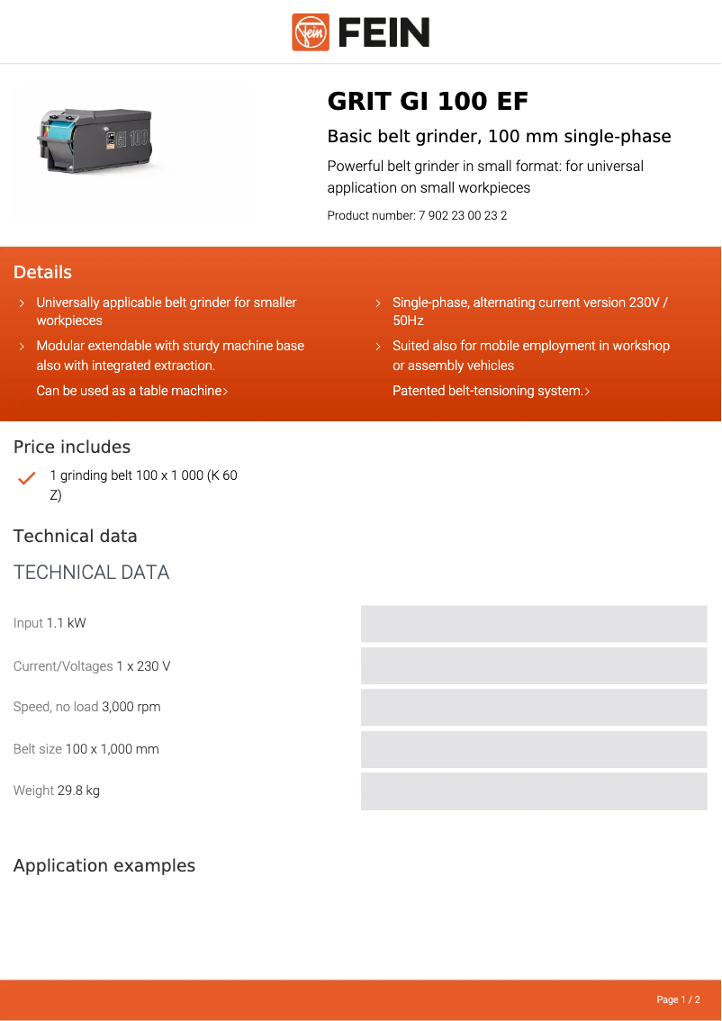 Página 1 del manual Ficha técnica Fein GRIT GI 100 EF