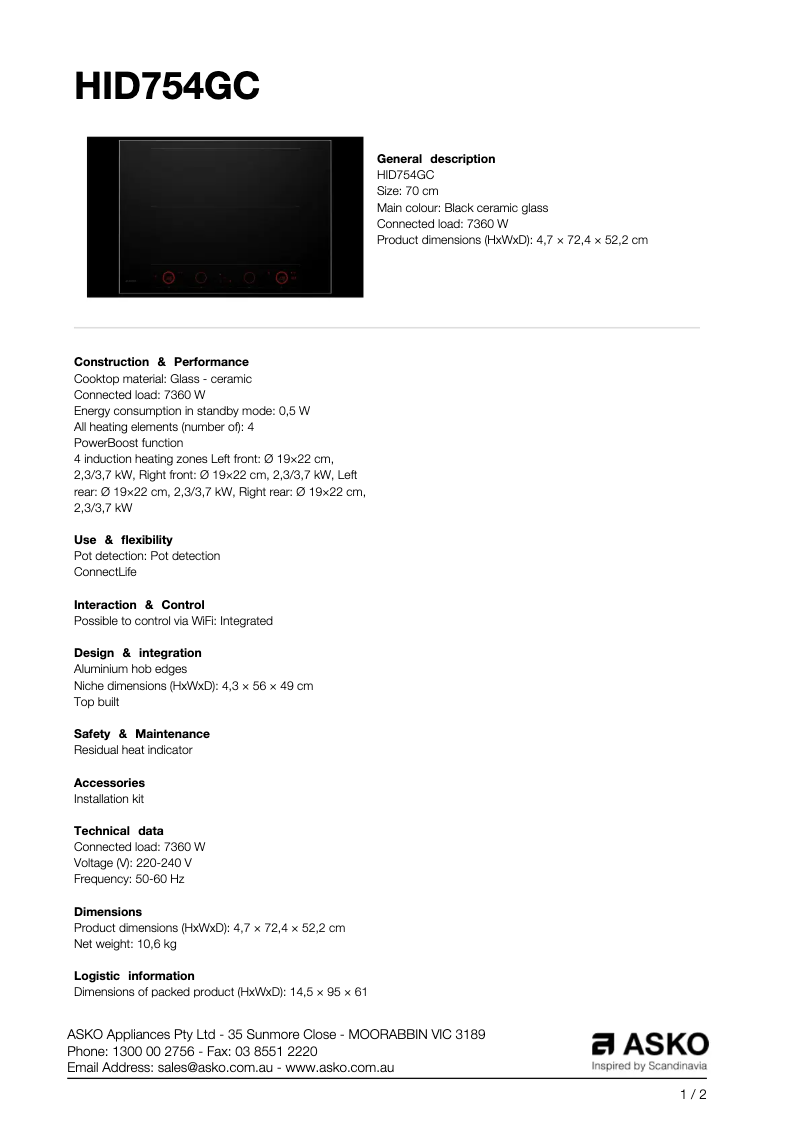 Page 1 de la notice Fiche technique Asko HID754GC