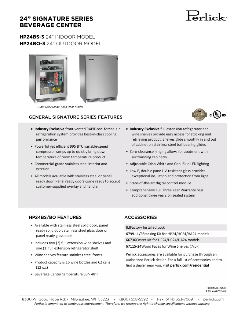 Page n°1 - Fiche technique Perlick HP24BS-3-3L