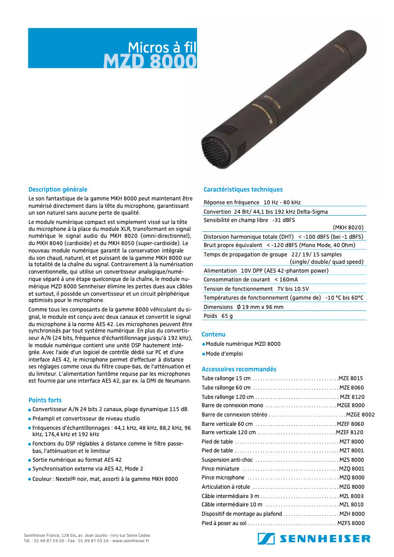 Page 1 de la notice Fiche technique Sennheiser MZD 8000