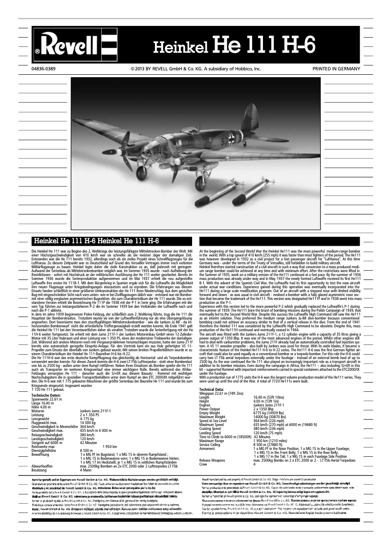 Page 1 de la notice Manuel utilisateur Revell Heinkel He 111 H-6